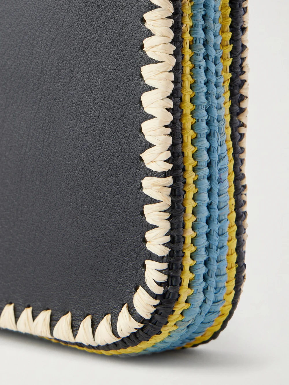 Close-up detail of the Loewe + Paula's Ibiza Rio Raffia-trimmed Leather Shoulder Bag