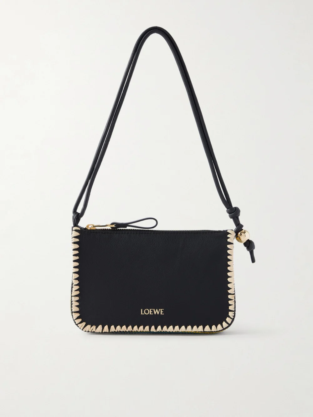 Loewe + Paula's Ibiza Rio Raffia-trimmed Leather Shoulder Bag in black