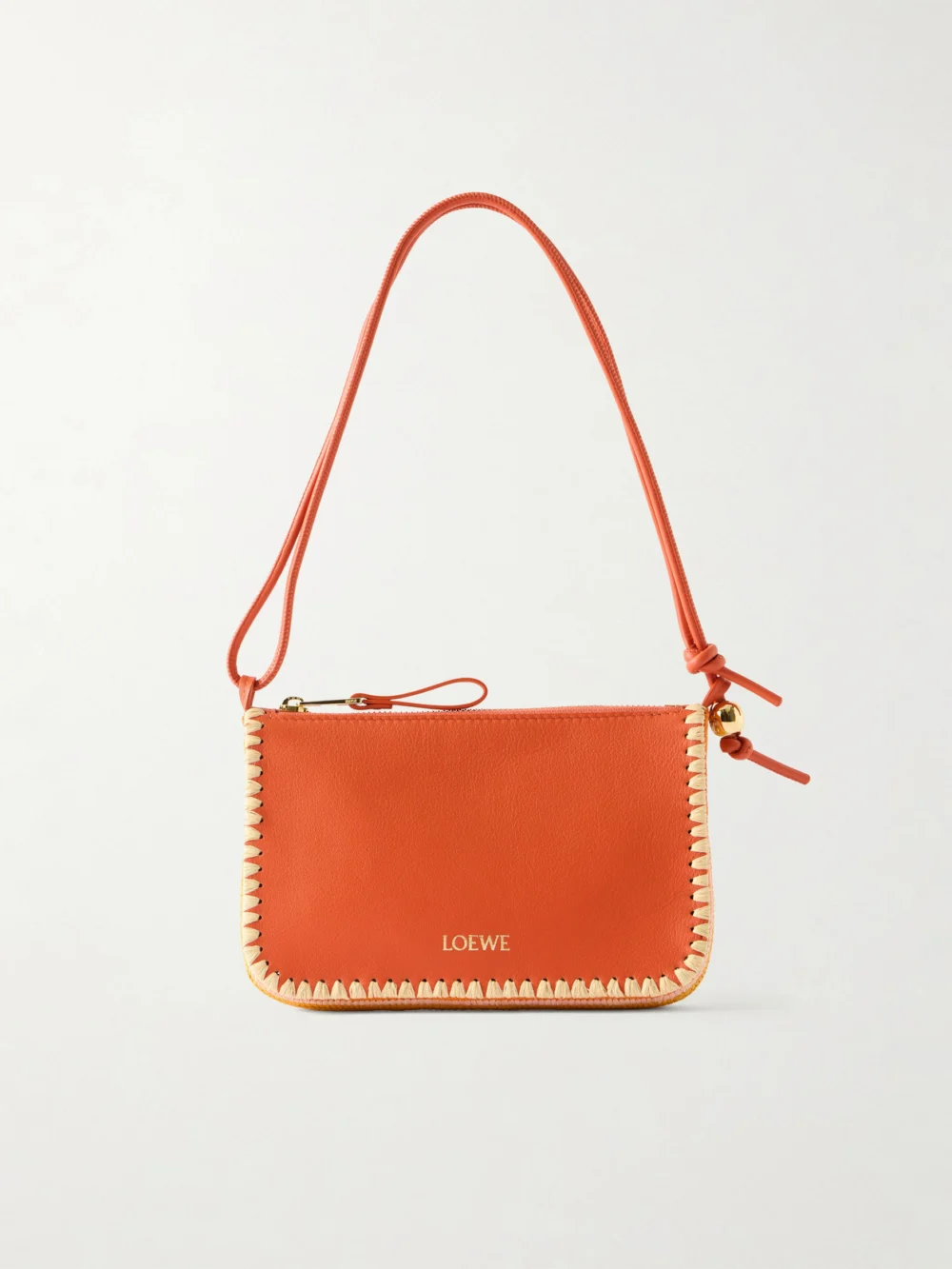 Loewe + Paula's Ibiza Rio Raffia-trimmed Leather Shoulder Bag in bright orange