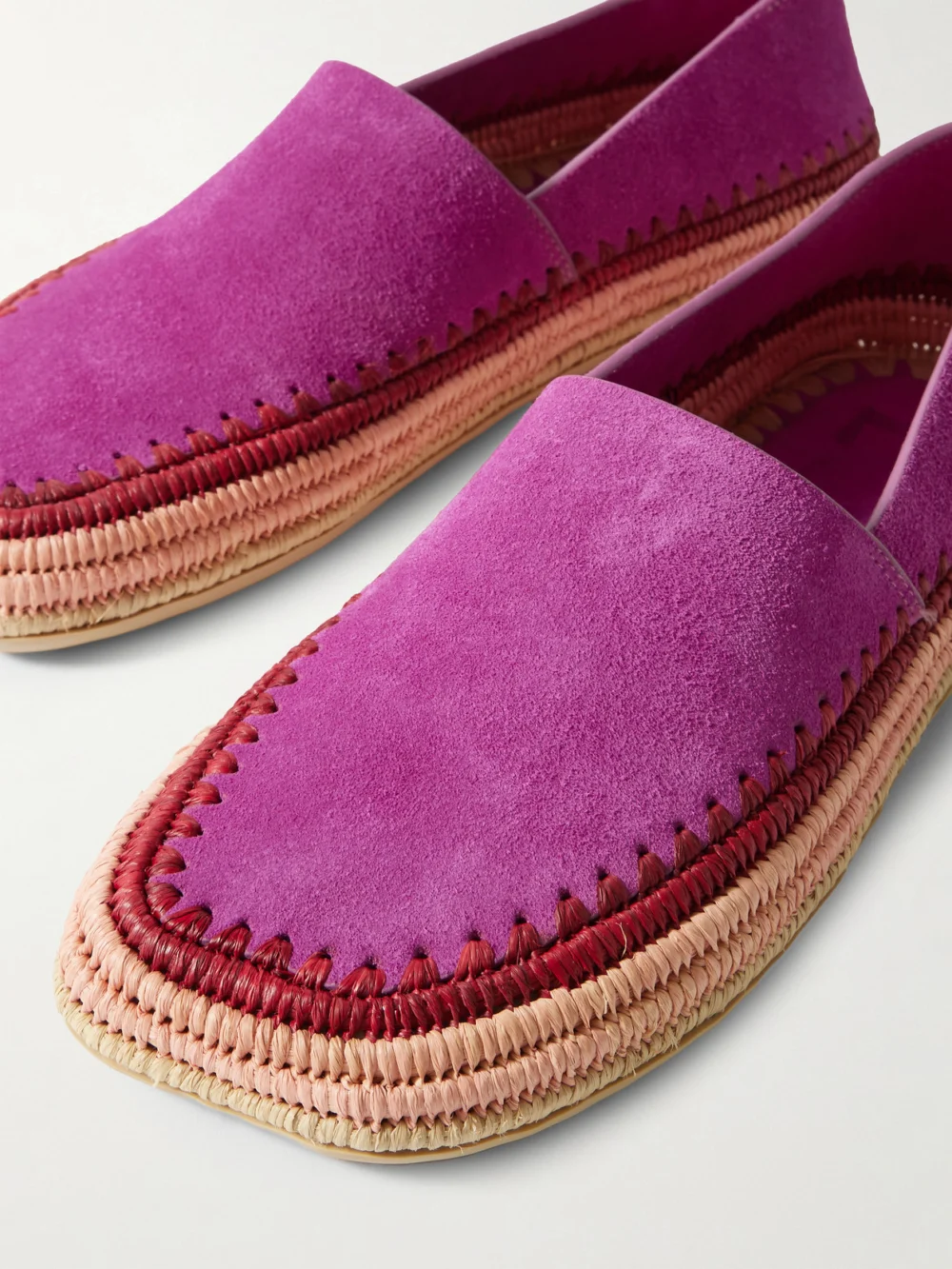 Close-up detail of the Loewe + Paula's Ibiza Rio Raffia-trimmed Suede Espadrilles