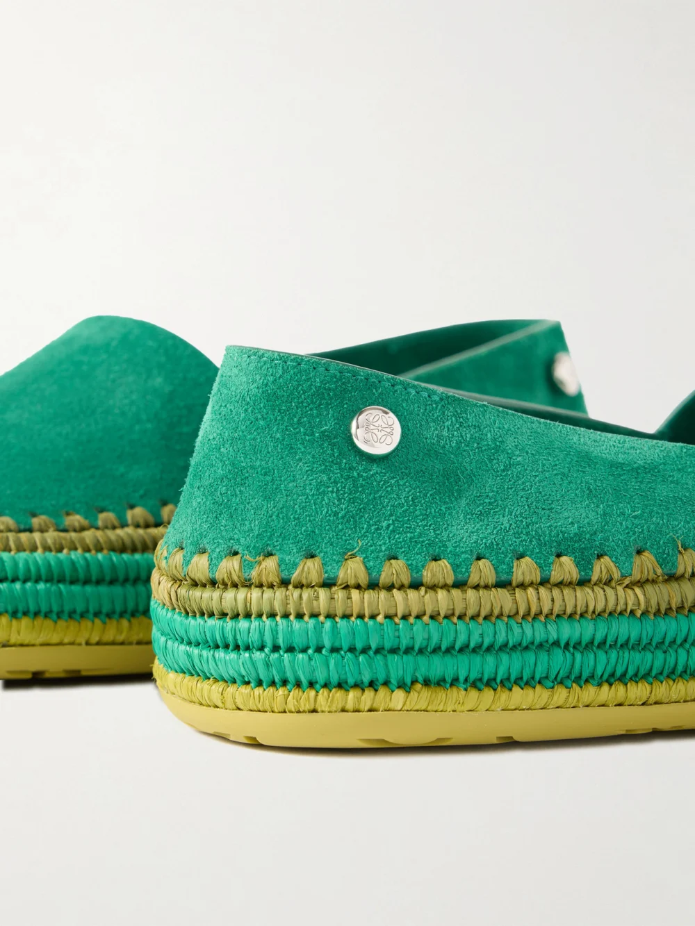 Close-up detail of the Loewe + Paula's Ibiza Rio Raffia-trimmed Suede Espadrilles