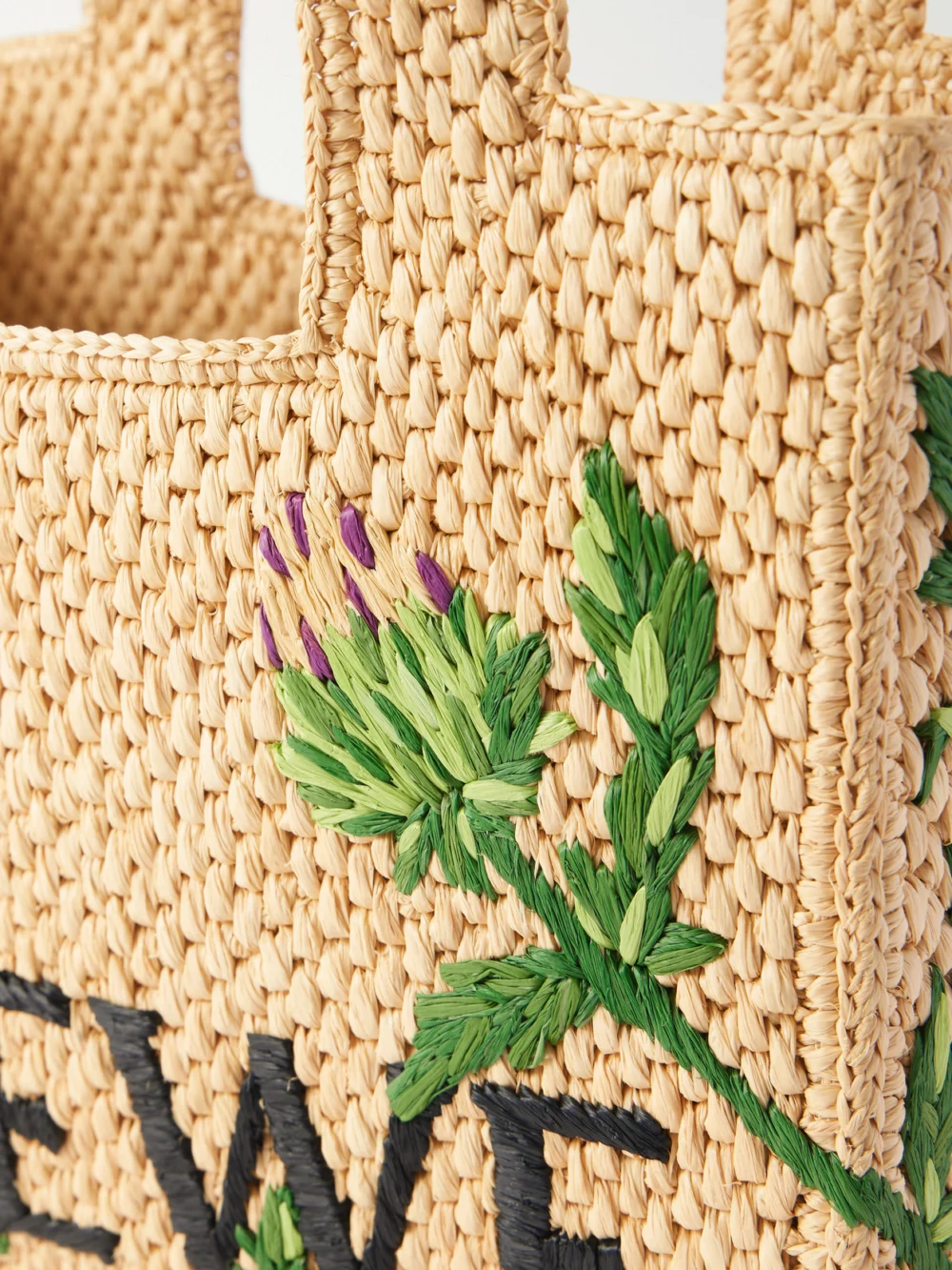 Close-up detail of the Loewe + Paula's Ibiza Small Embroidered Raffia Tote