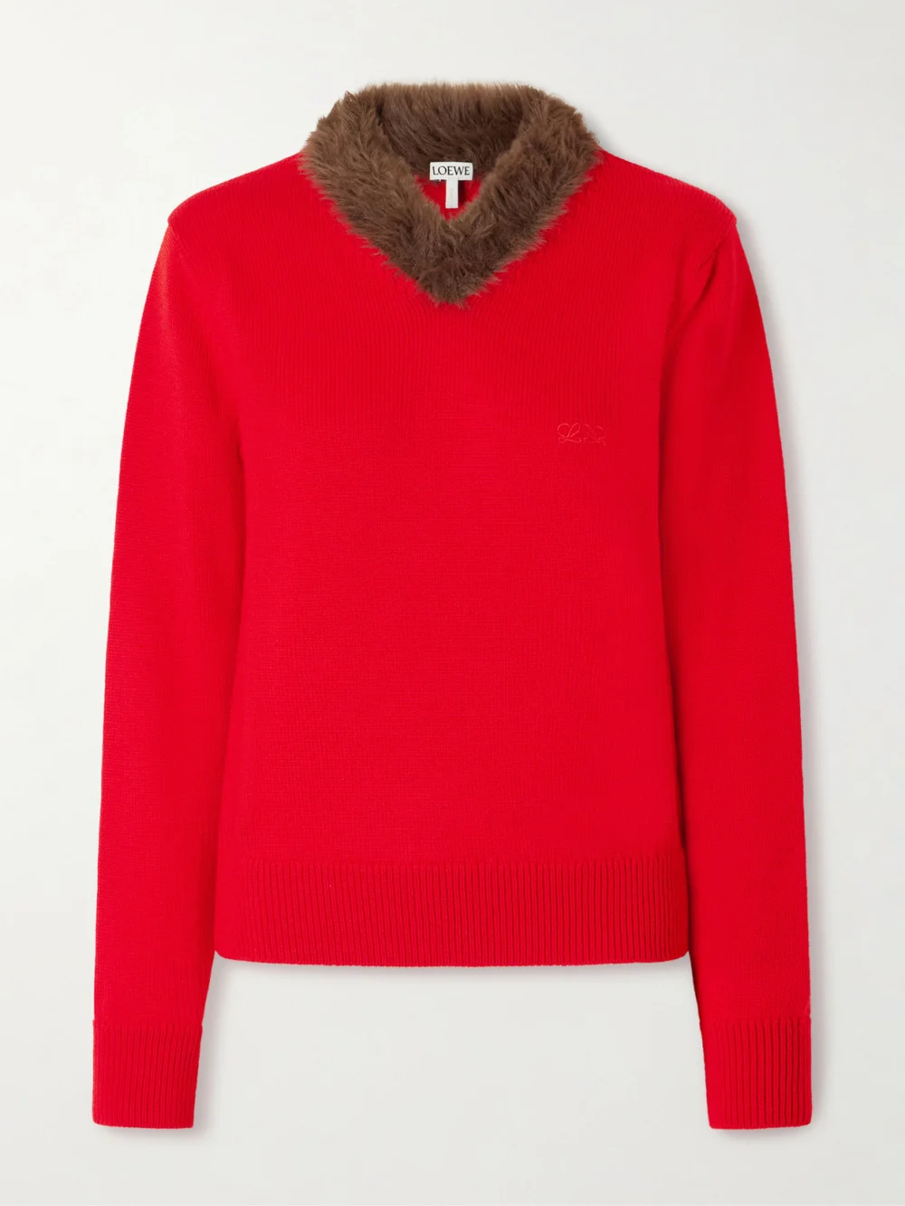 Loewe Plush-trimmed Ribbed Wool Sweater in red