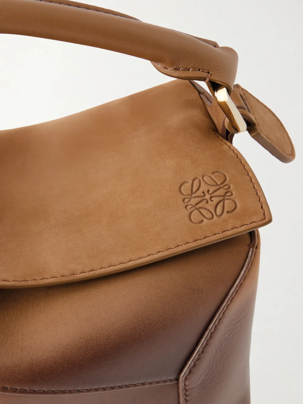 Close-up detail of the Loewe Puzzle Edge Small Patent-nubuck Shoulder Bag