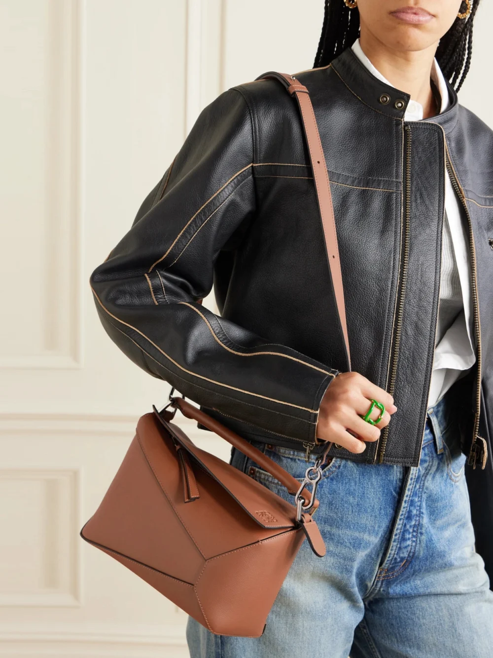 Loewe Puzzle Edge Small Textured-leather Top-handle Bag, styled view