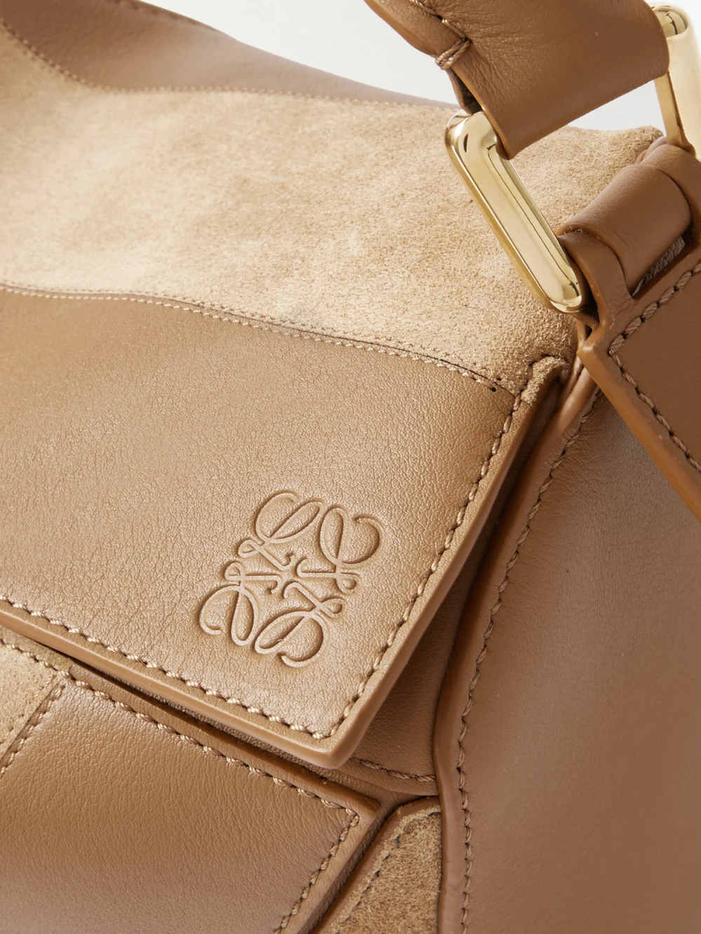 Close-up detail of the Loewe Puzzle Small Leather and Suede Shoulder Bag