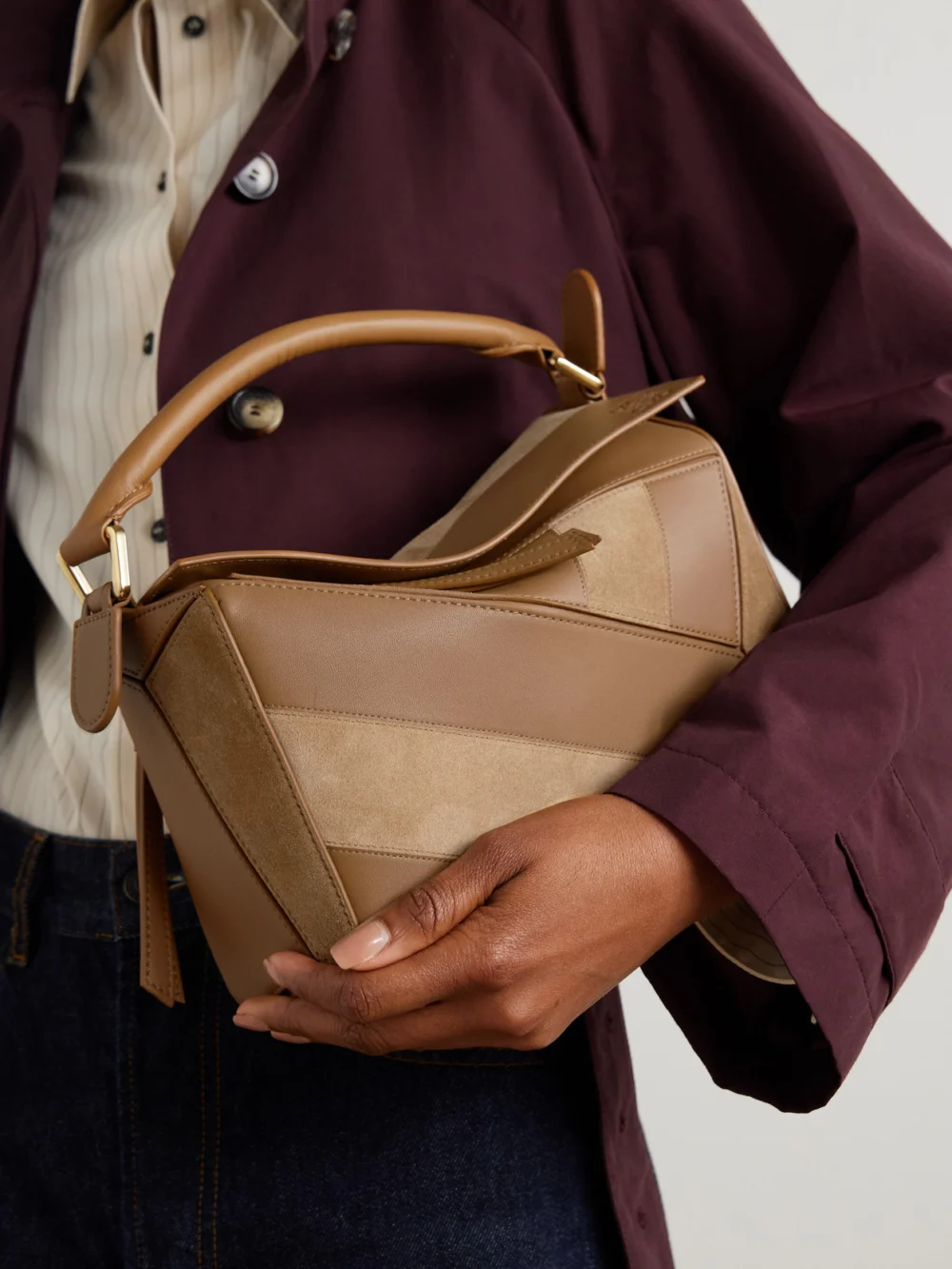 Loewe Puzzle Small Leather and Suede Shoulder Bag, styled view