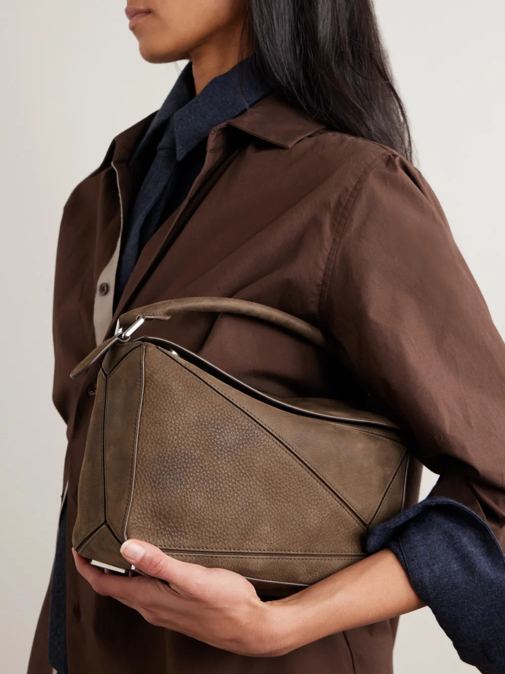 Loewe Puzzle Small Textured-nubuck Shoulder Bag, styled view