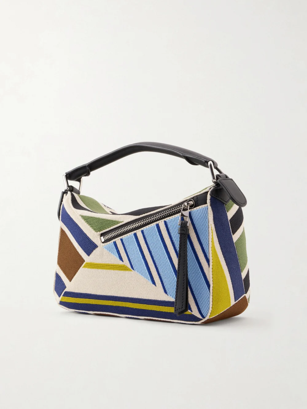 Back view of the Loewe Puzzle Striped Leather-trimmed Canvas Top-handle Bag