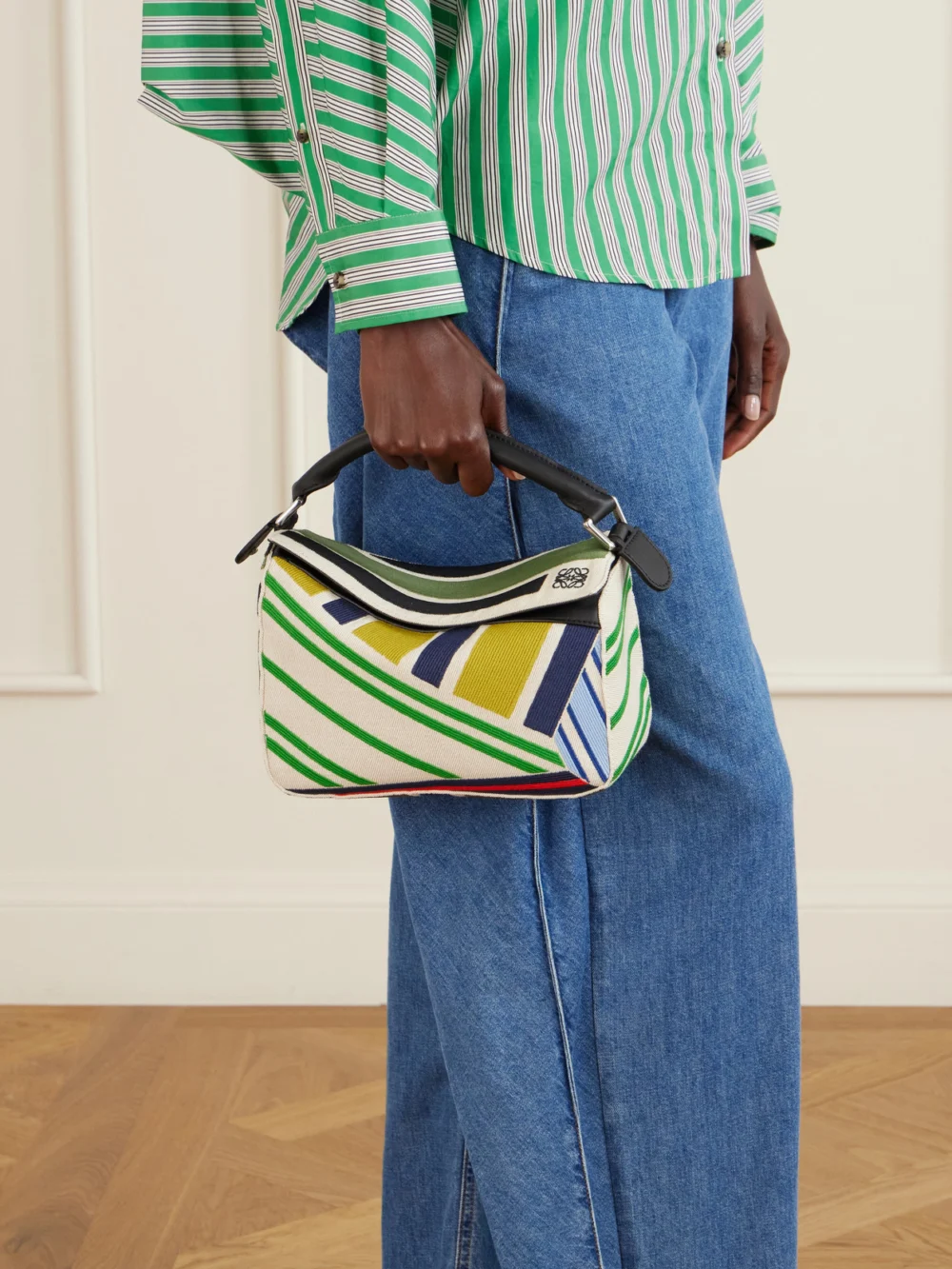 Loewe Puzzle Striped Leather-trimmed Canvas Top-handle Bag, styled view