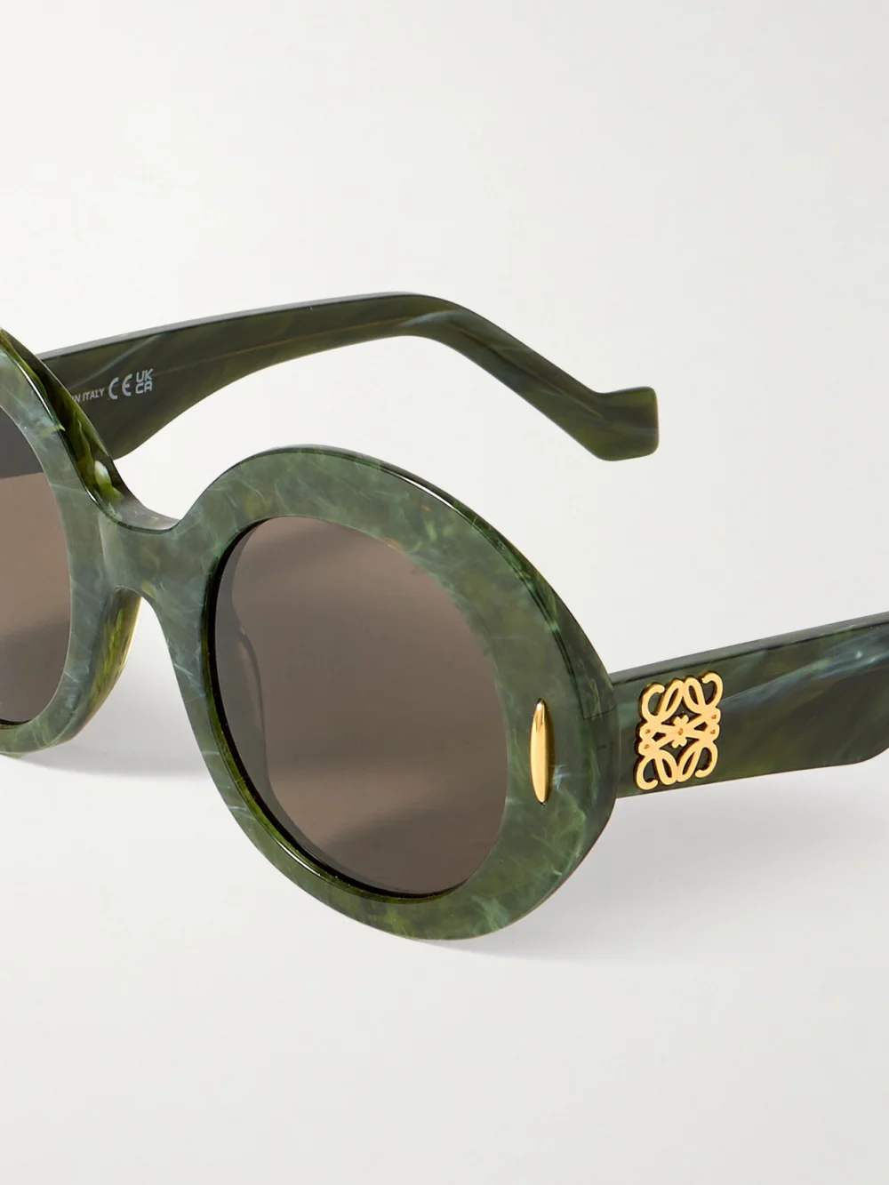 Close-up detail of the Loewe Round-frame Marbled Acetate Sunglasses