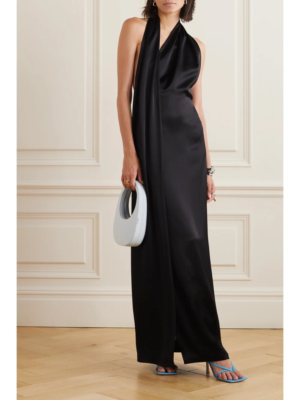 Loewe Scarf Asymmetric Satin Halterneck Gown, worn by a model
