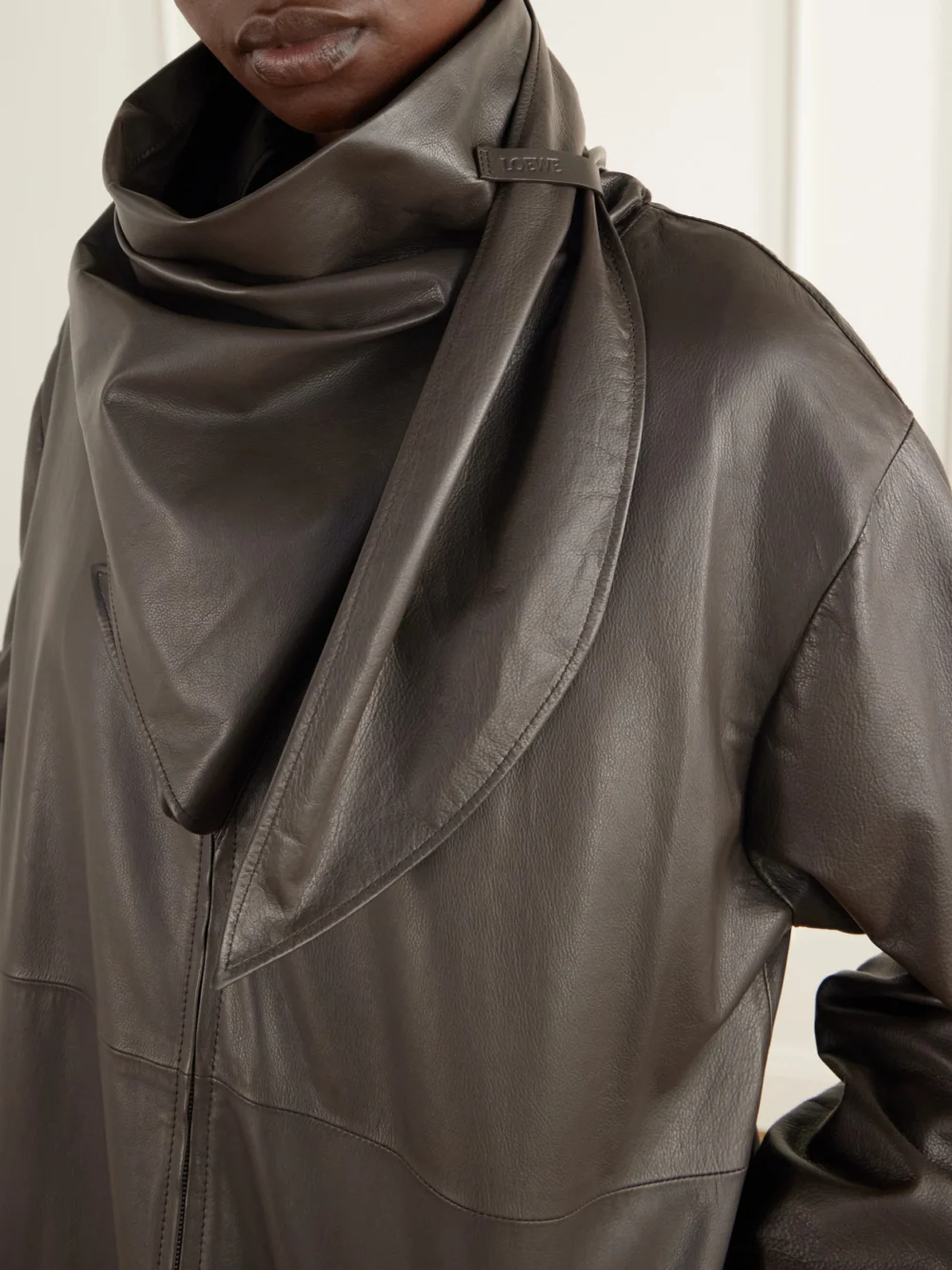 Close-up detail of the Loewe Scarf-detailed Leather Jacket