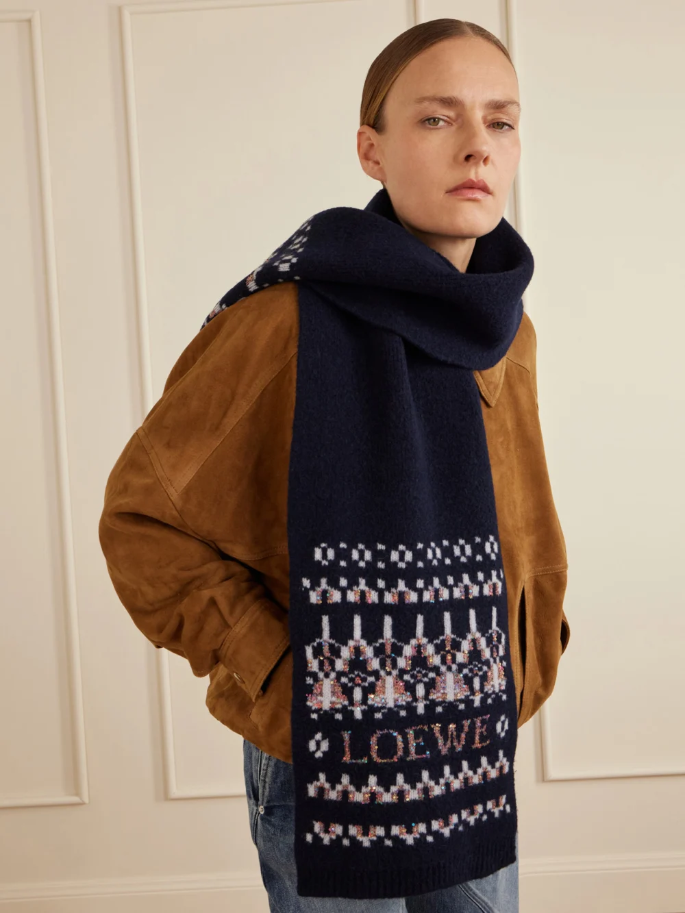 Loewe Sequin-embellished Fair Isle Wool-blend Scarf, styled view