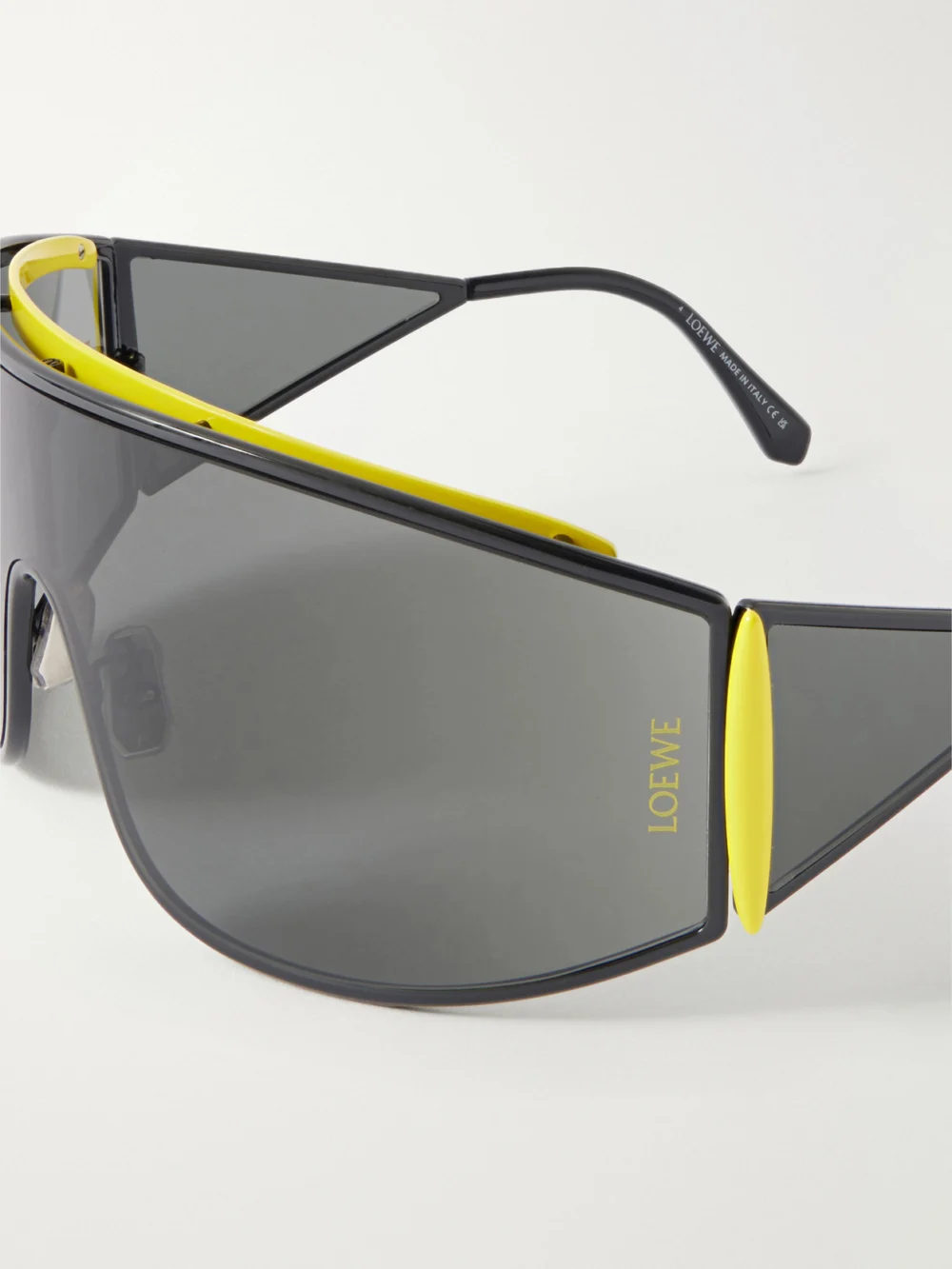 Close-up detail of the Loewe Speed Shield Mask Metal Sunglasses