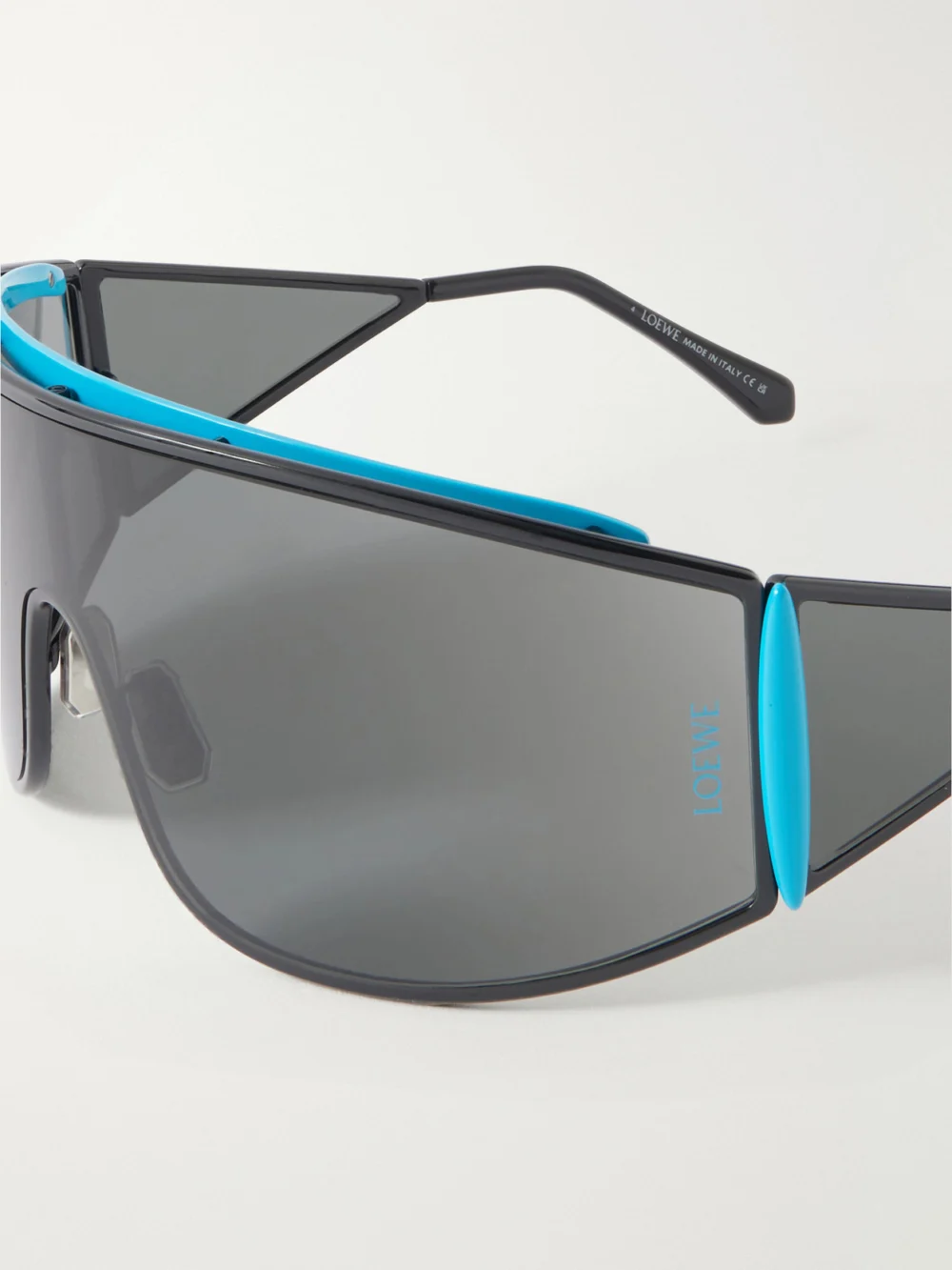 Close-up detail of the Loewe Speed Shield Mask Metal Sunglasses
