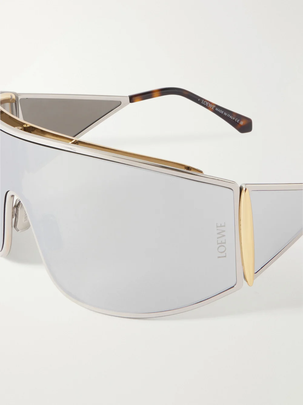 Close-up detail of the Loewe Speed Shield Mask Metal Sunglasses