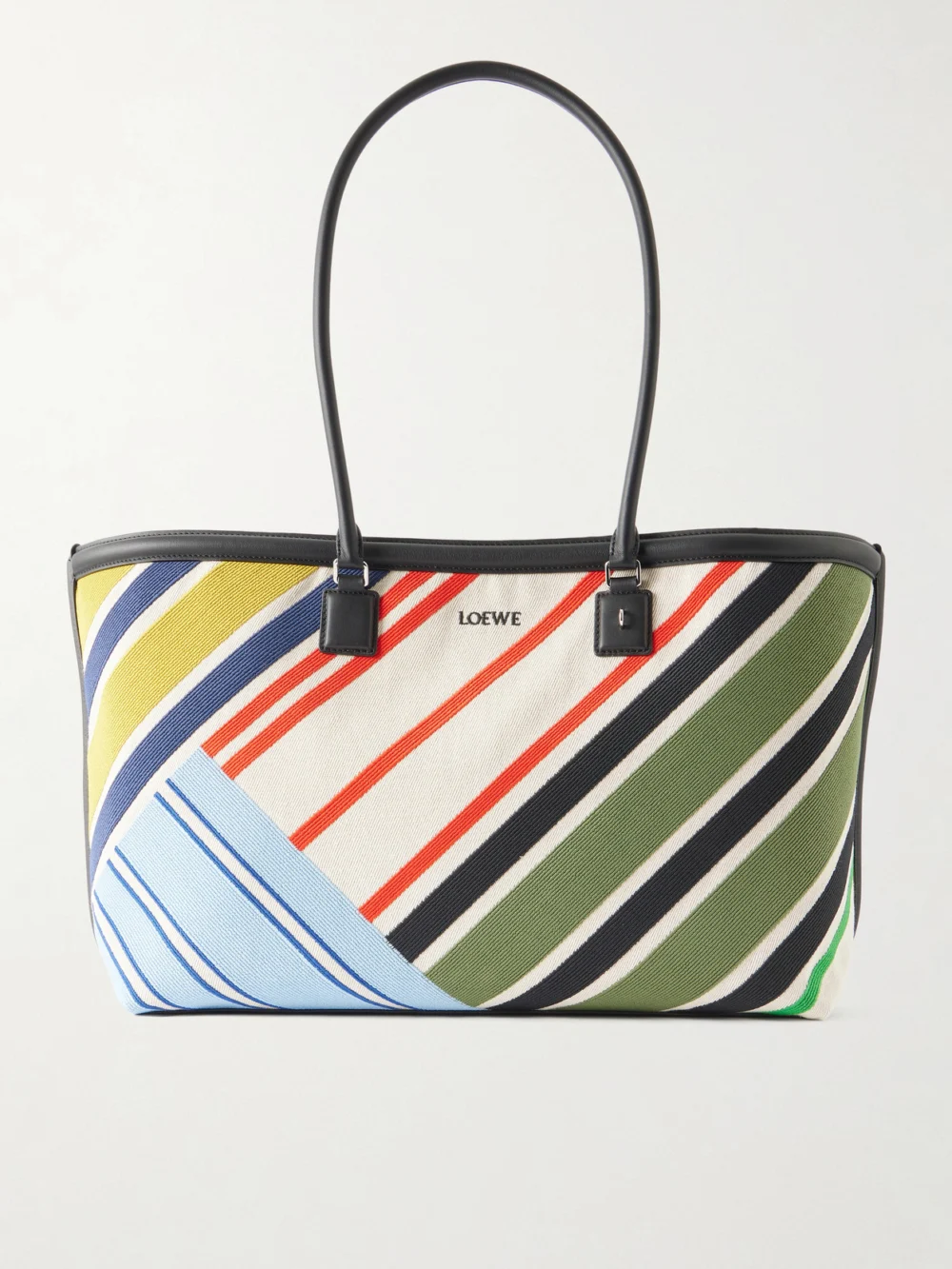 Loewe Verano Logo-embroidered Striped Leather-trimmed Canvas Tote in blue