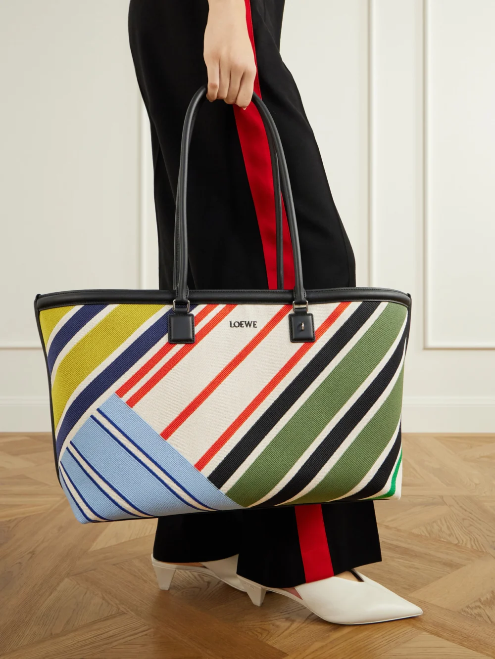 Loewe Verano Logo-embroidered Striped Leather-trimmed Canvas Tote, styled view