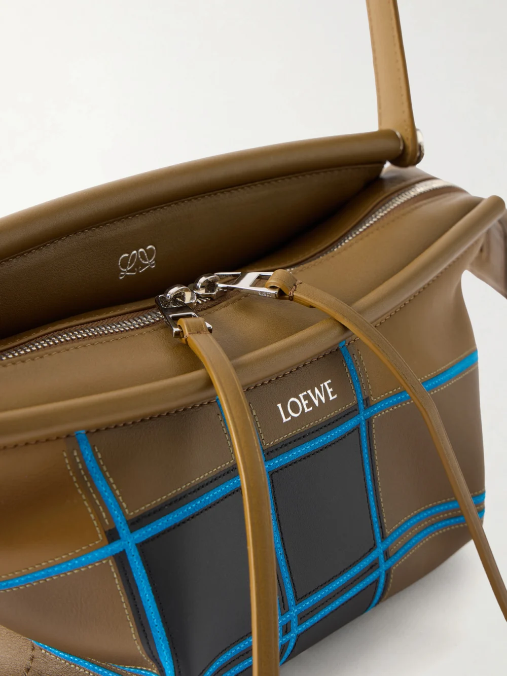 Close-up detail of the Loewe Whisker Checked Leather Shoulder Bag