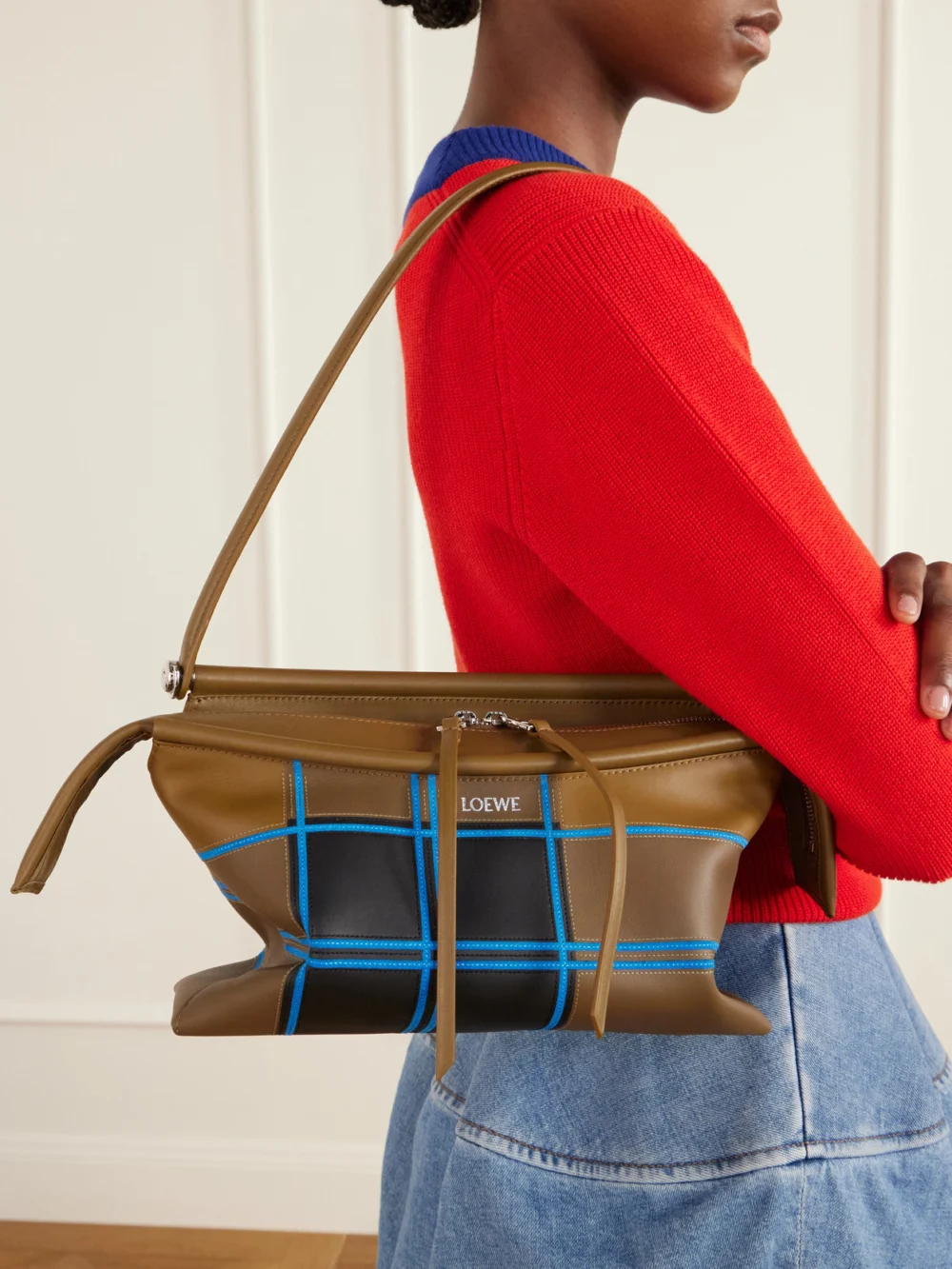 Loewe Whisker Checked Leather Shoulder Bag, styled view