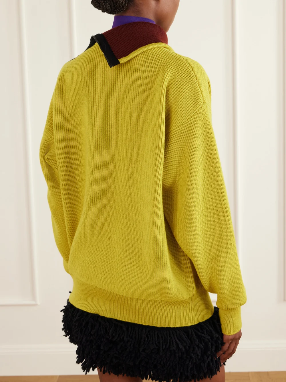 Back view of the Loewe Zip-detailed Leather-trimmed Ribbed Wool-blend Turtleneck Sweater