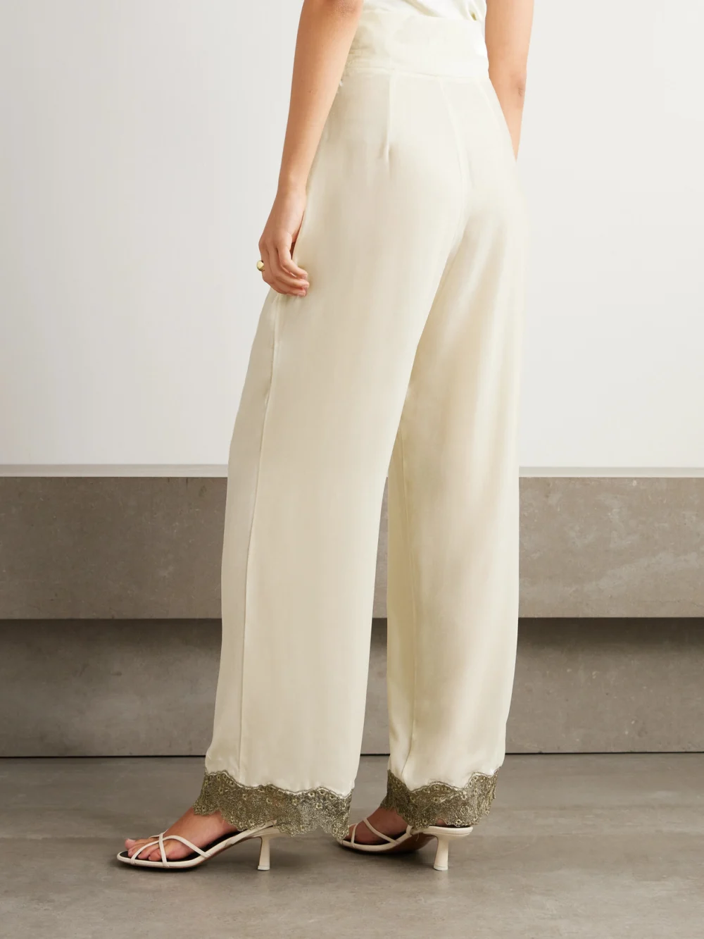 Back view of the Loretta Caponi Ada Embroidered Tulle-trimmed Velvet Straight-leg Pants