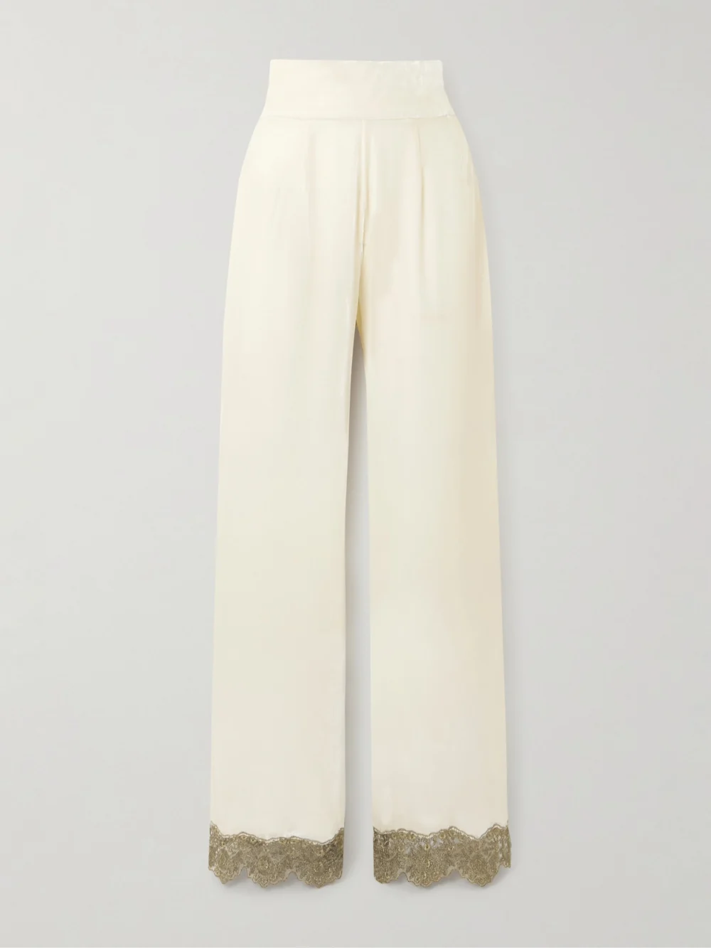 Loretta Caponi Ada Embroidered Tulle-trimmed Velvet Straight-leg Pants in cream