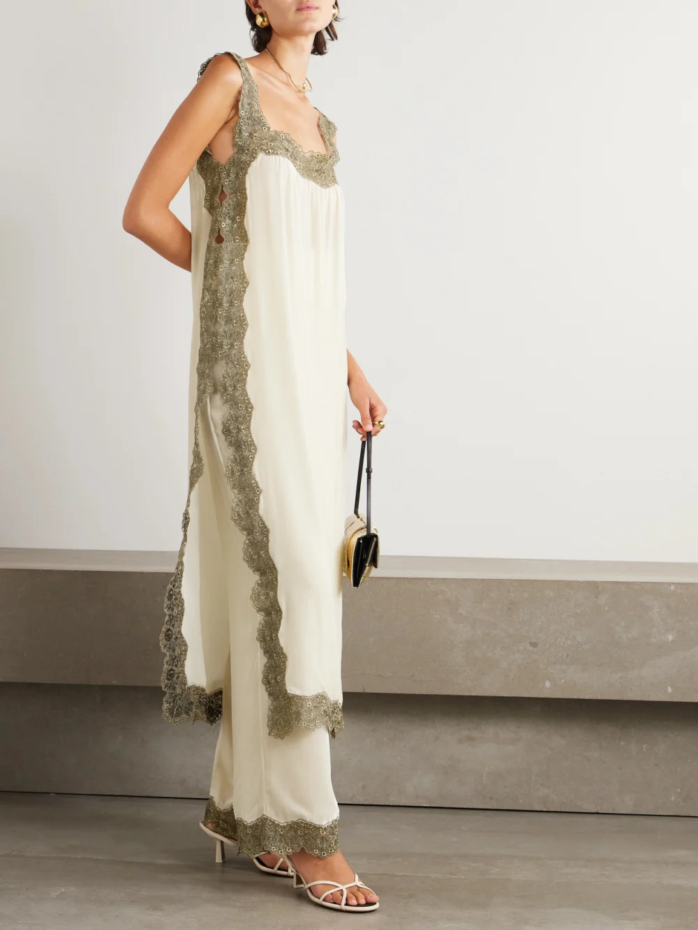 Loretta Caponi Ada Embroidered Tulle-trimmed Velvet Straight-leg Pants, worn by a model