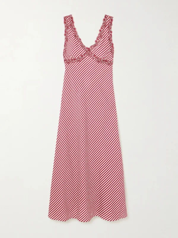 Loretta Caponi Albina Corded Lace-trimmed Pleated Striped Satin Chemise