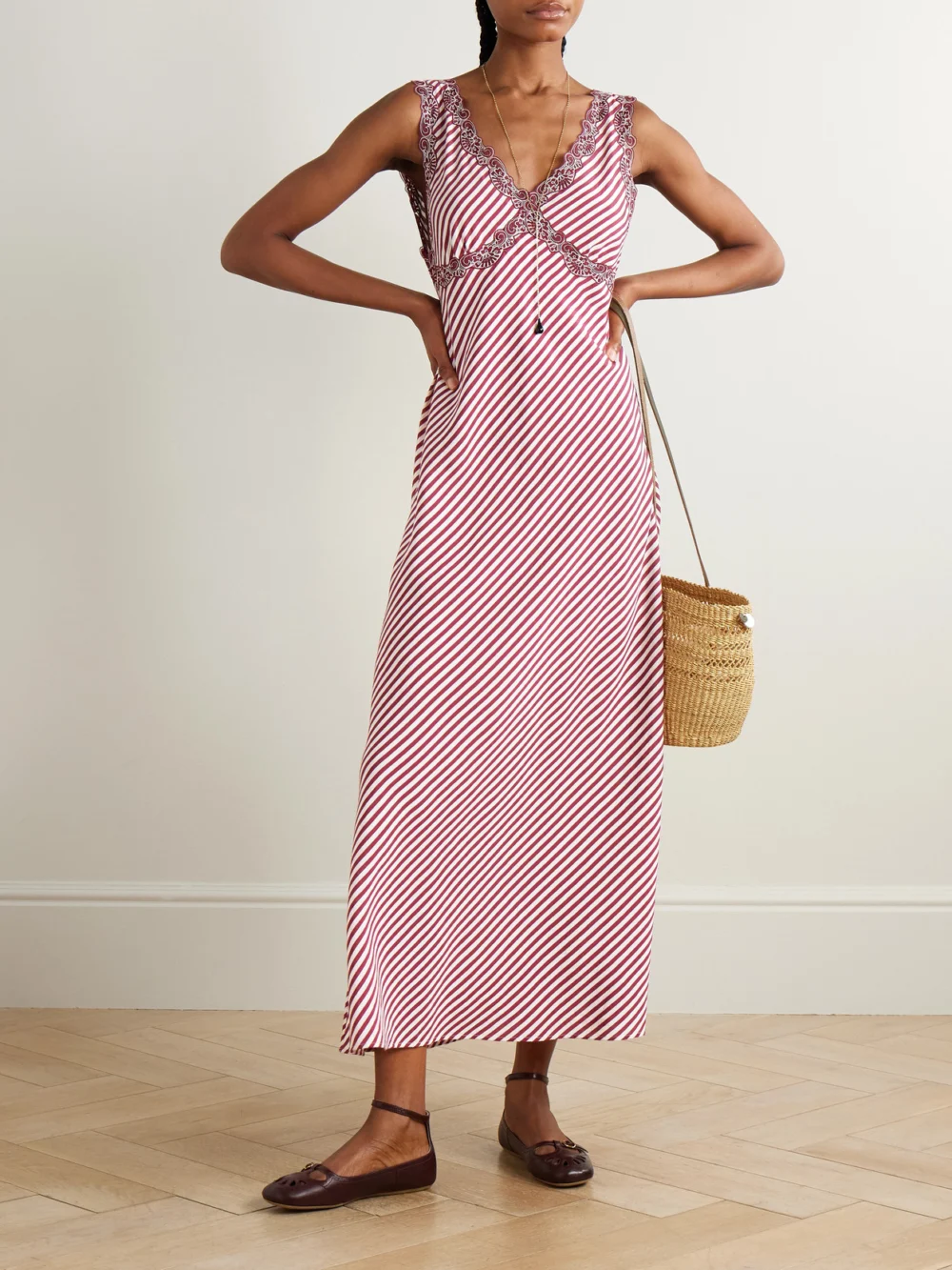 Loretta Caponi Albina Corded Lace-trimmed Pleated Striped Satin Chemise, worn by a model