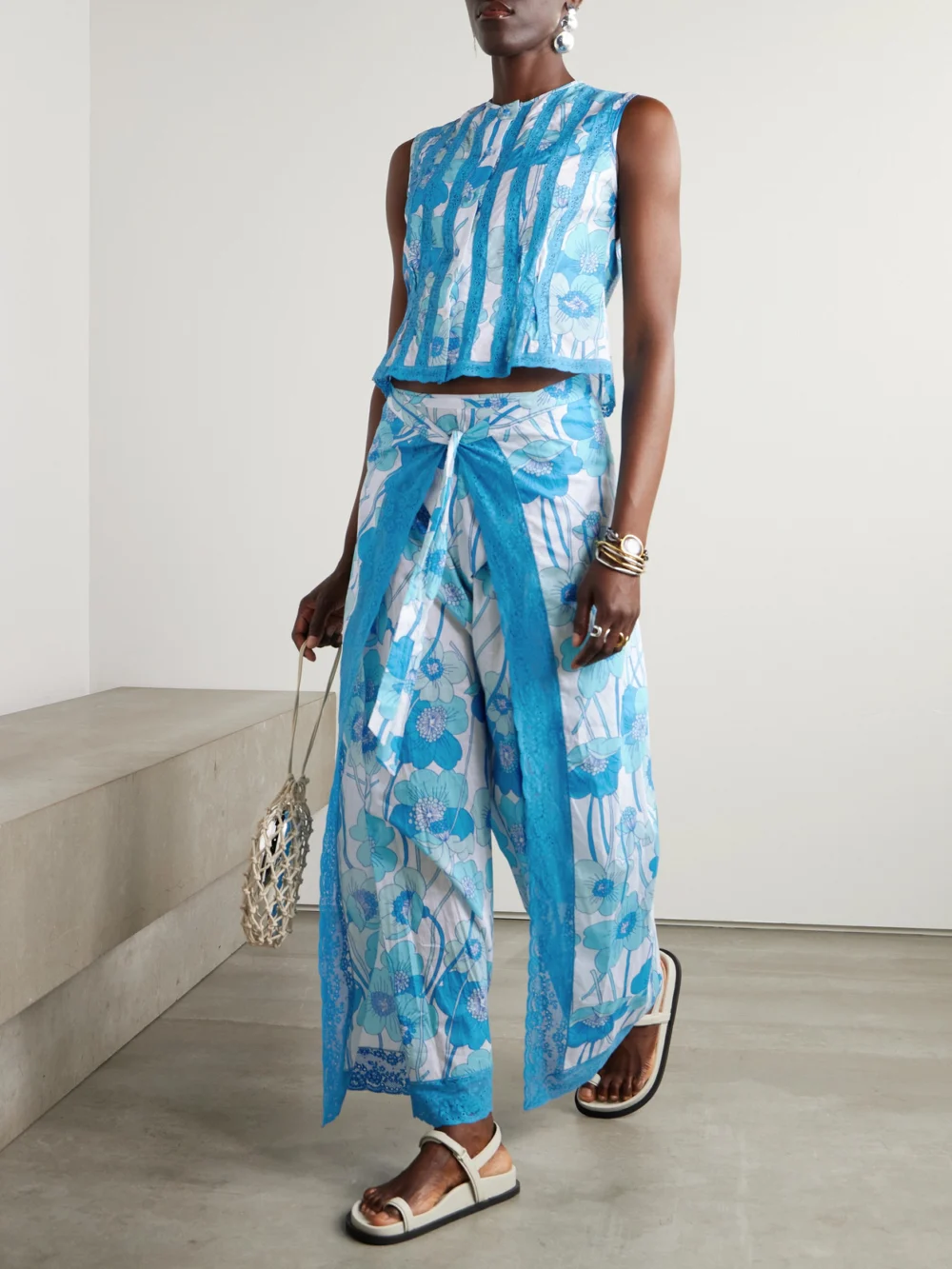 Loretta Caponi Alexis Layered Lace-trimmed Floral-print Cotton-voile Wide-leg Pants, worn by a model