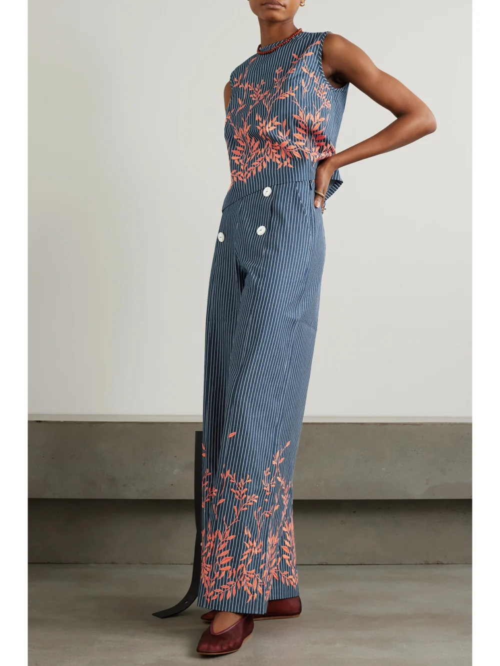 Loretta Caponi Alicia Embroidered Striped Cotton-twill Straight-leg Pants, worn by a model