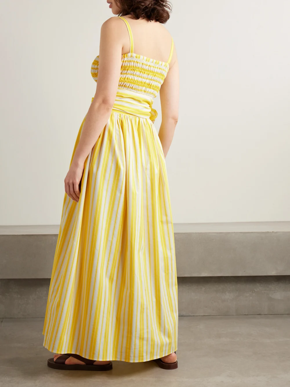 Back view of the Loretta Caponi Anghiari Belted Striped Cotton-blend Poplin Midi Dress