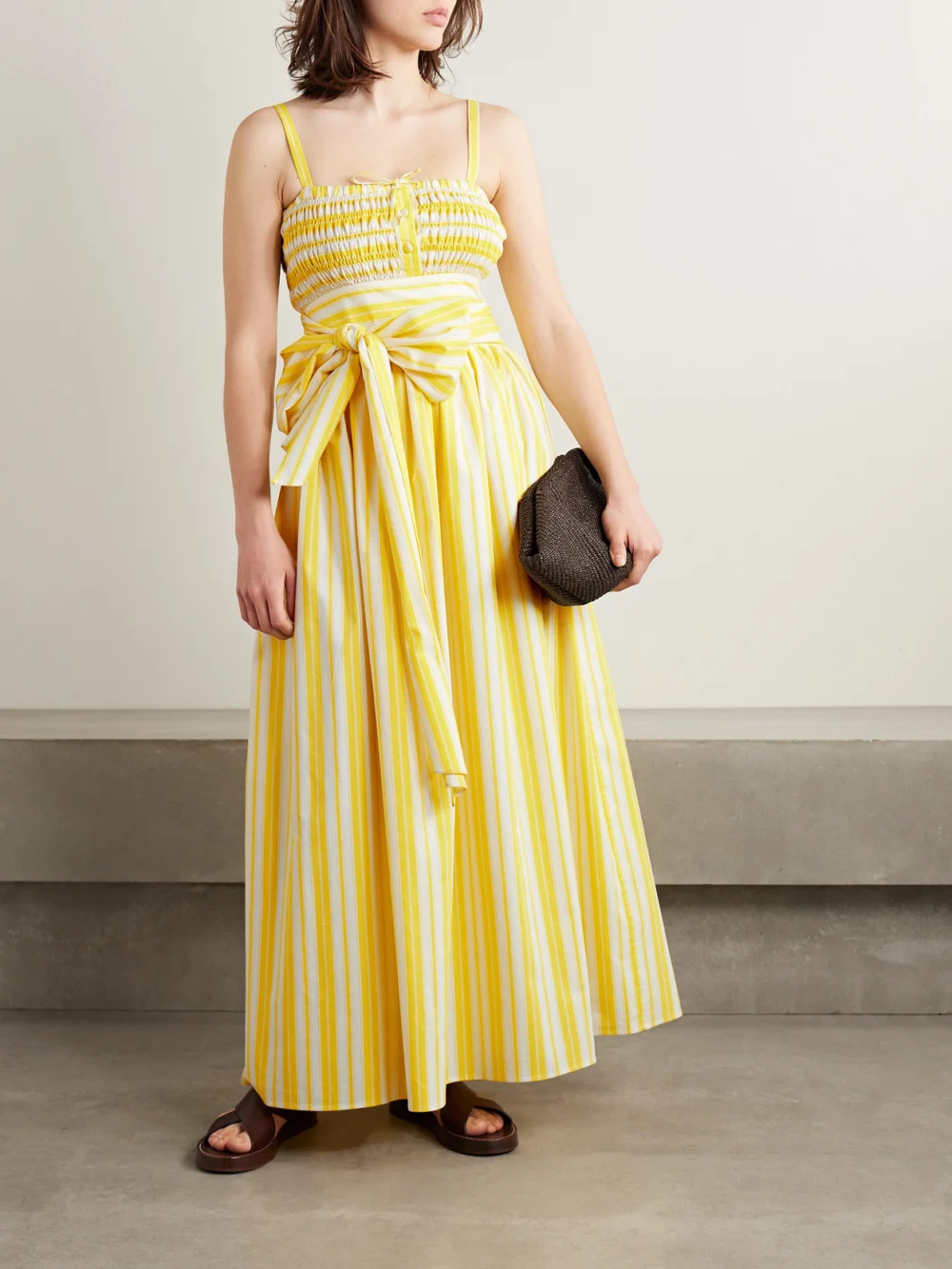 Loretta Caponi Anghiari Belted Striped Cotton-blend Poplin Midi Dress, worn by a model