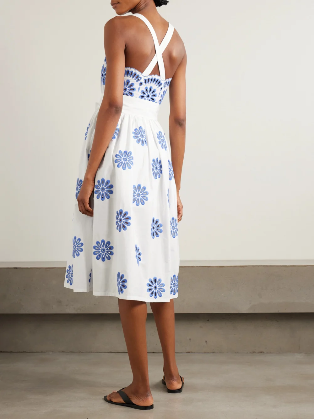 Back view of the Loretta Caponi Belted Scalloped Broderie Anglaise Cotton Midi Dress