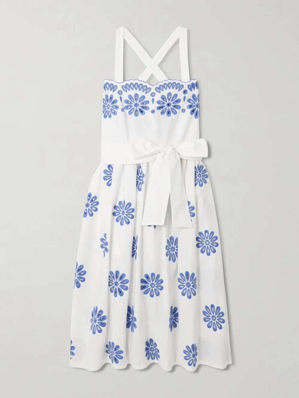 Loretta Caponi Belted Scalloped Broderie Anglaise Cotton Midi Dress in white