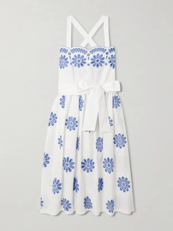Loretta Caponi Belted Scalloped Broderie Anglaise Cotton Midi Dress