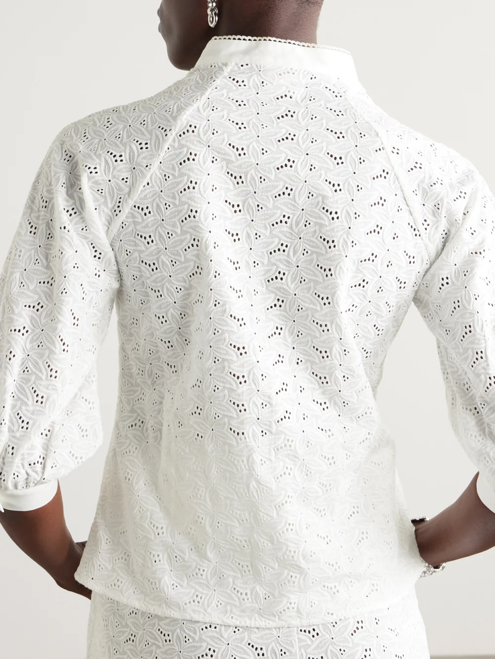 Back view of the Loretta Caponi Brunella Pintucked Broderie Anglaise Cotton Blouse