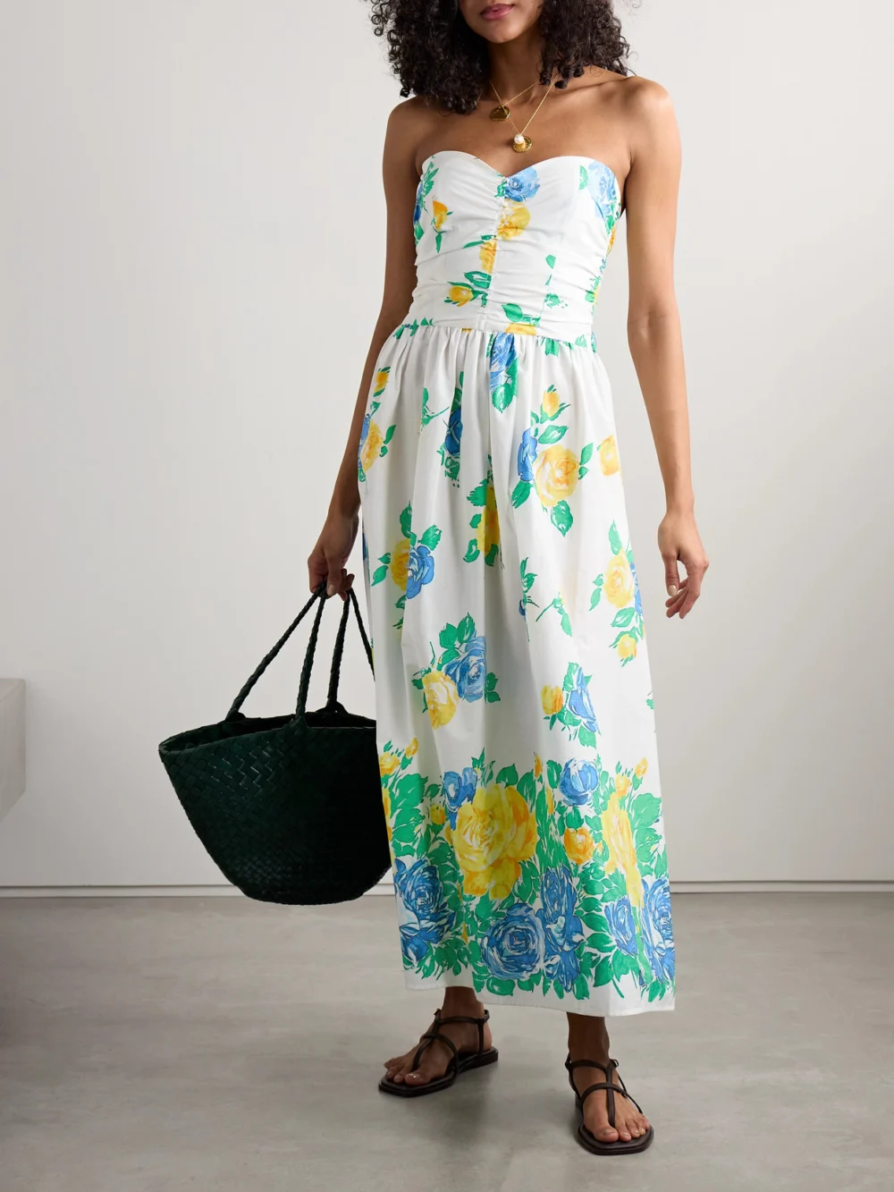Loretta Caponi Desideria Strapless Floral-print Cotton-voile Midi Dress, worn by a model