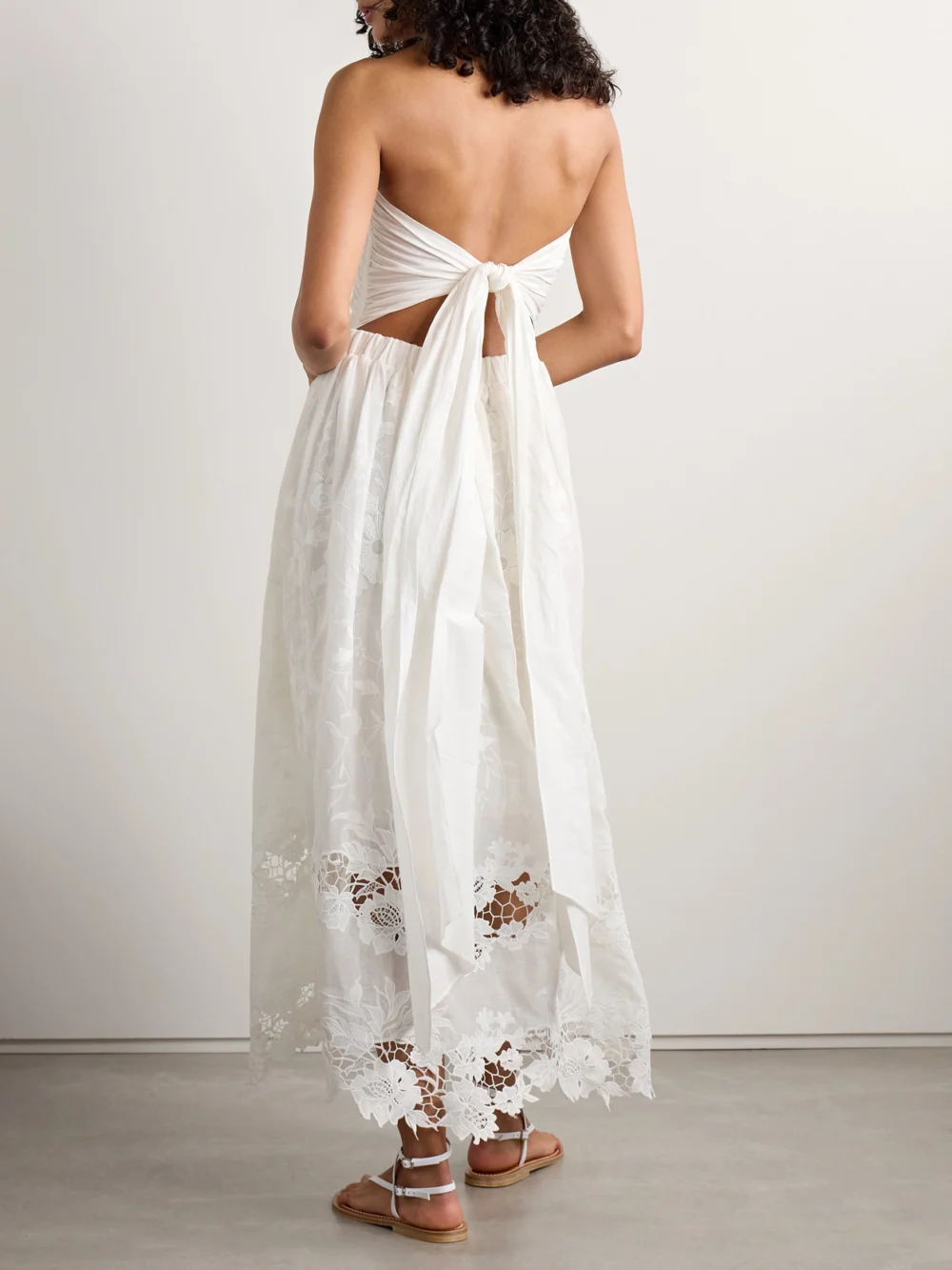 Back view of the Loretta Caponi Desideria Strapless Guipure Lace-trimmed Embroidered Cotton-voile Midi Dress