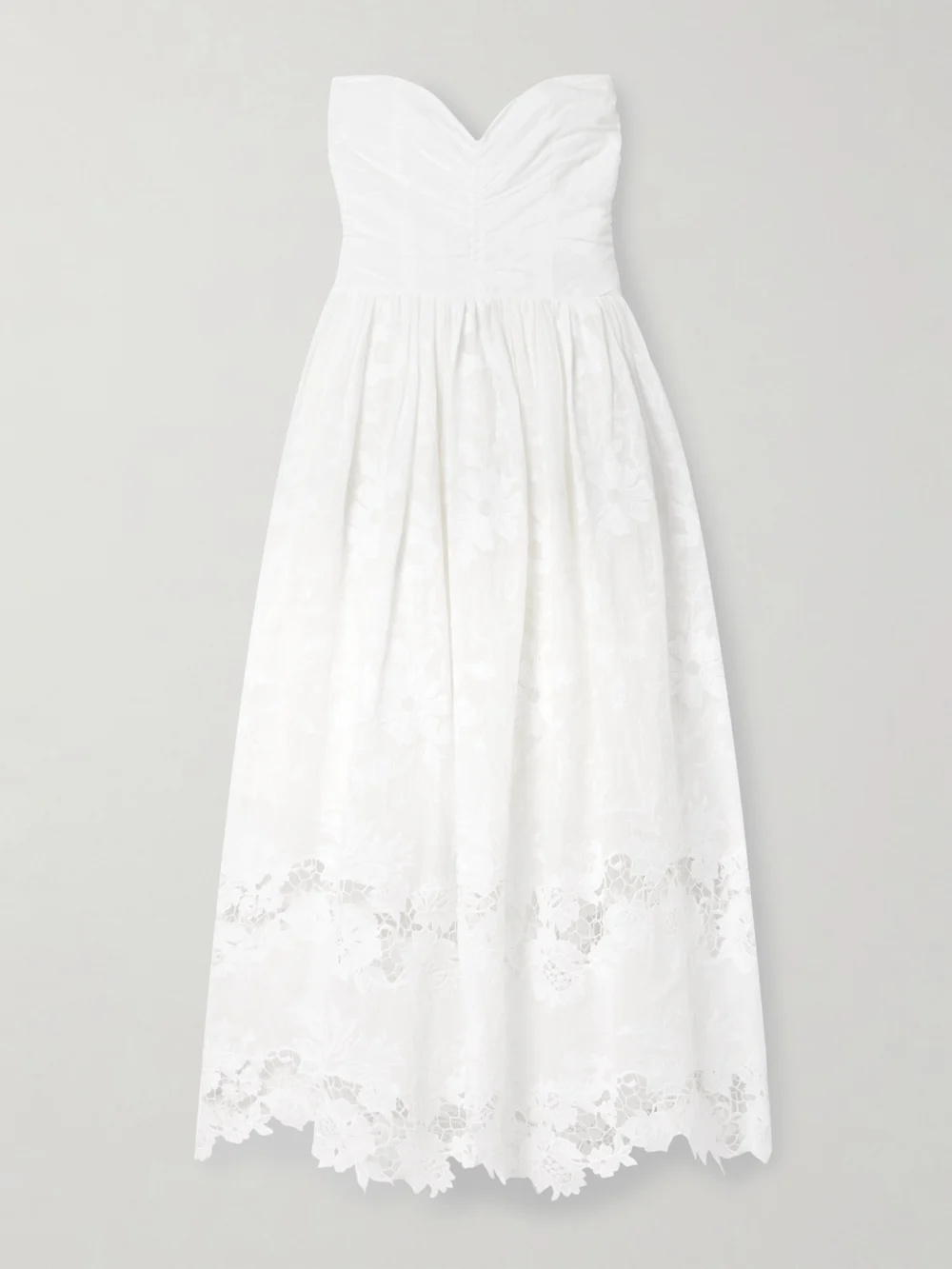 Loretta Caponi Desideria Strapless Guipure Lace-trimmed Embroidered Cotton-voile Midi Dress in white
