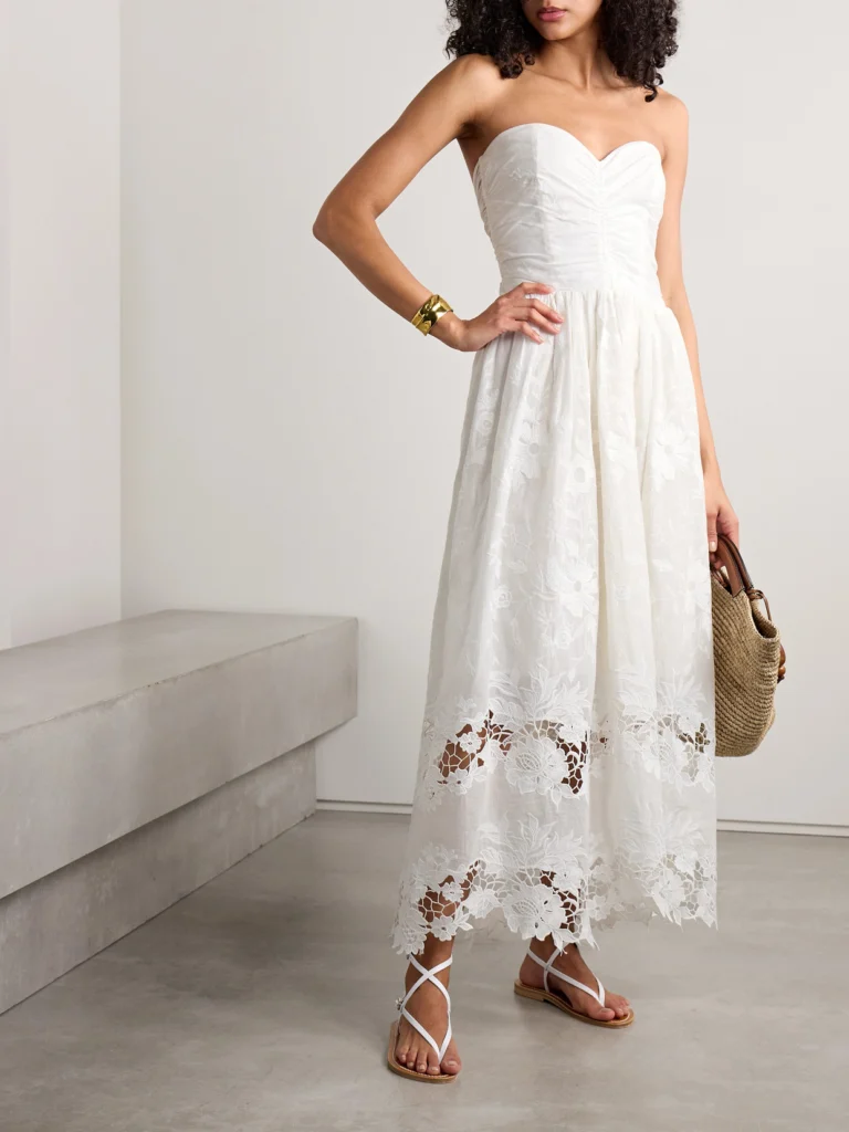 Loretta Caponi Desideria Strapless Guipure Lace-trimmed Embroidered Cotton-voile Midi Dress