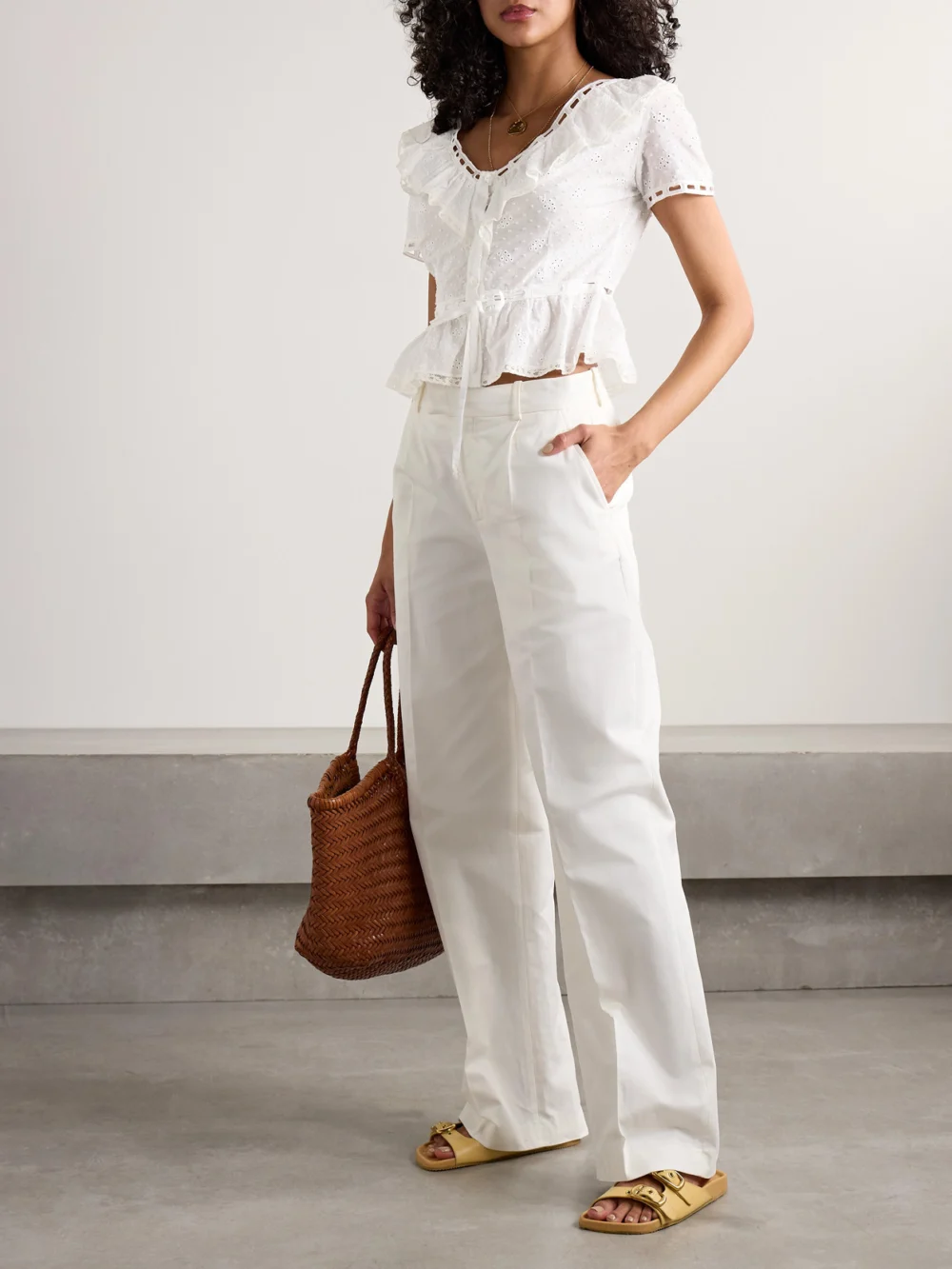 Loretta Caponi Giannella Lace-trimmed Broderie Anglaise Cotton-voile Blouse, worn by a model