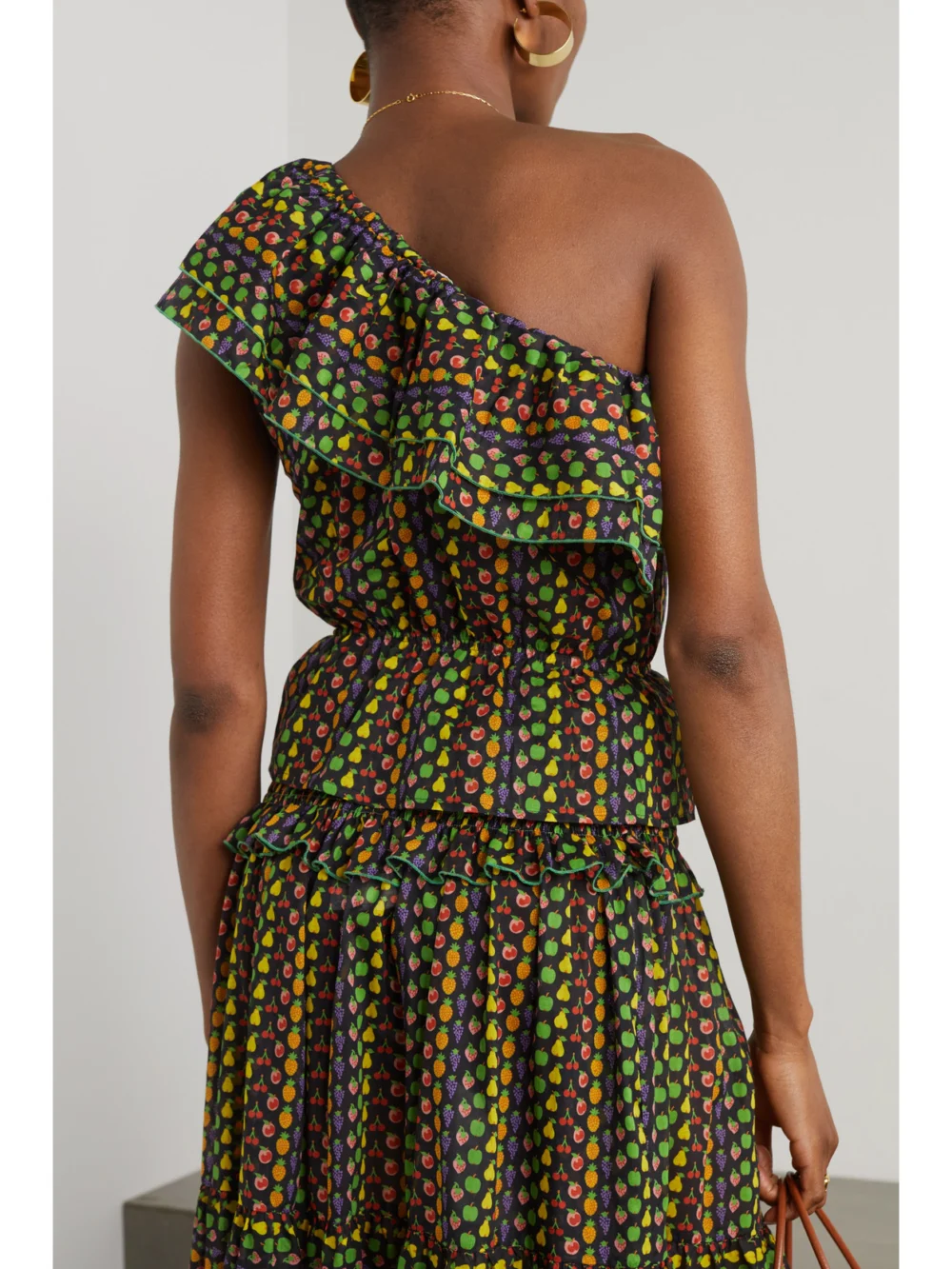 Back view of the Loretta Caponi Livia One-shoulder Ruffled Printed Cotton-voile Top