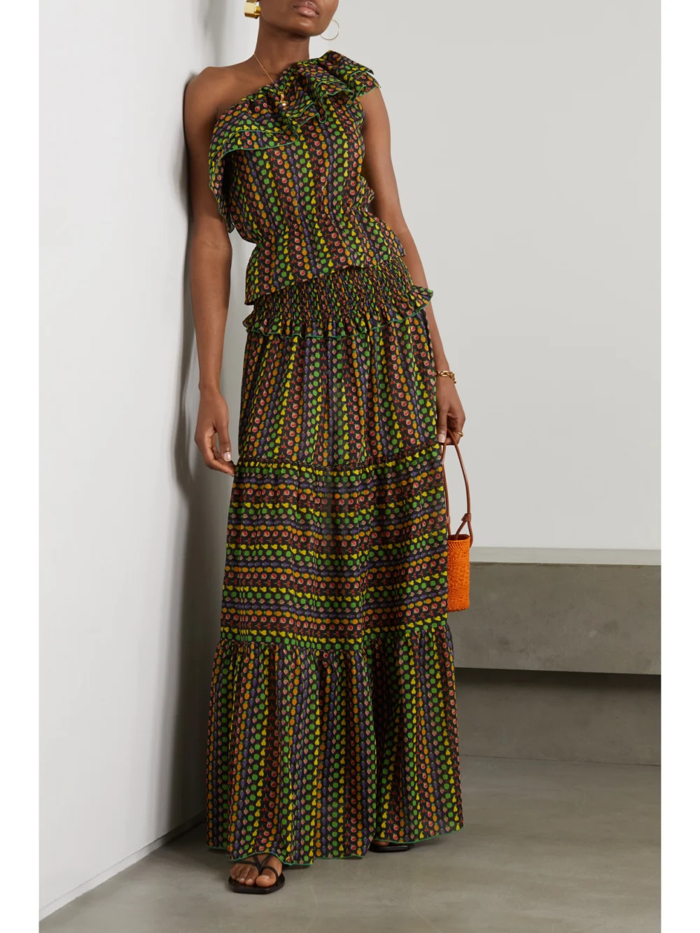 Loretta Caponi Livia One-shoulder Ruffled Printed Cotton-voile Top, worn by a model