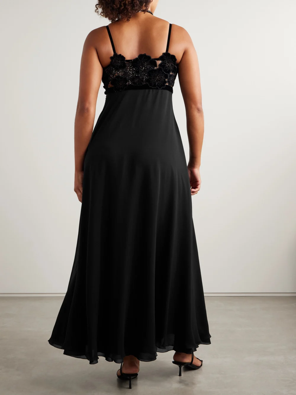 Back view of the Loretta Caponi Pansy Velvet-trimmed Silk-georgette and Metallic Lace Maxi Dress