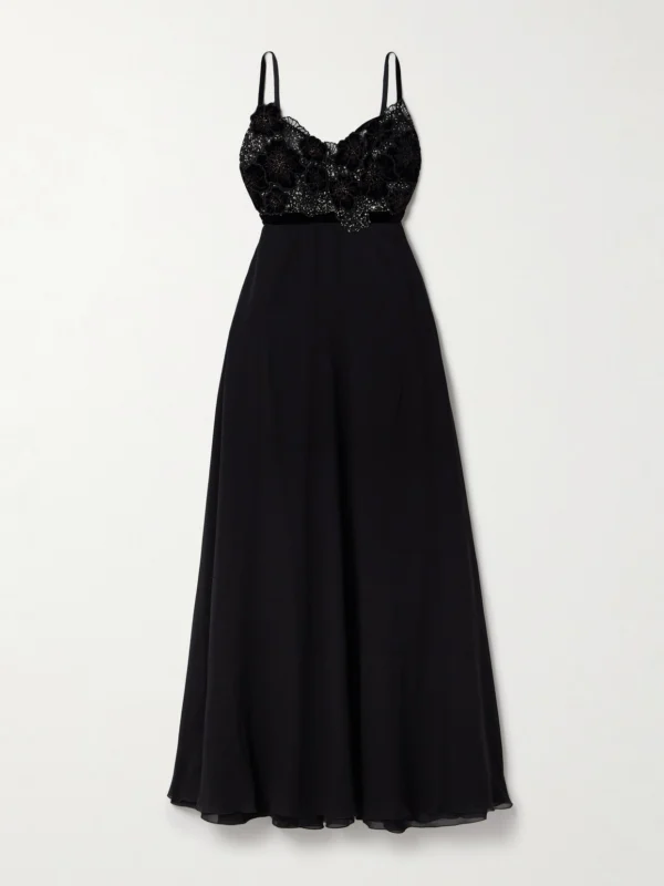 Loretta Caponi Pansy Velvet-trimmed Silk-georgette and Metallic Lace Maxi Dress