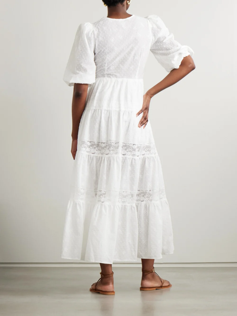 Back view of the Loretta Caponi Poppi Lace-trimmed Tiered Broderie Anglaise Cotton Maxi Dress
