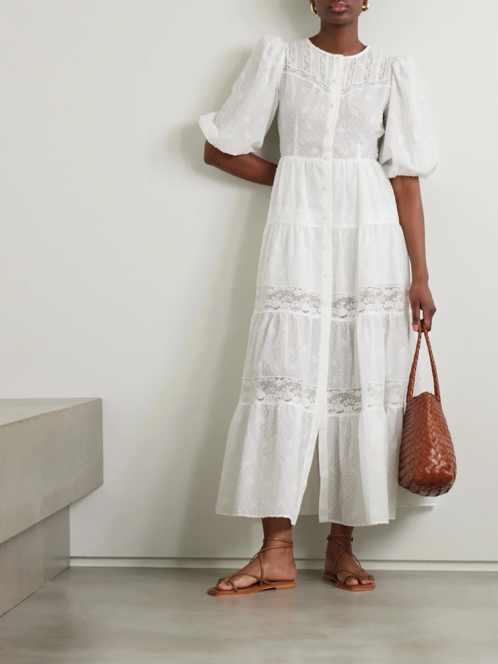 Loretta Caponi Poppi Lace-trimmed Tiered Broderie Anglaise Cotton Maxi Dress, worn by a model